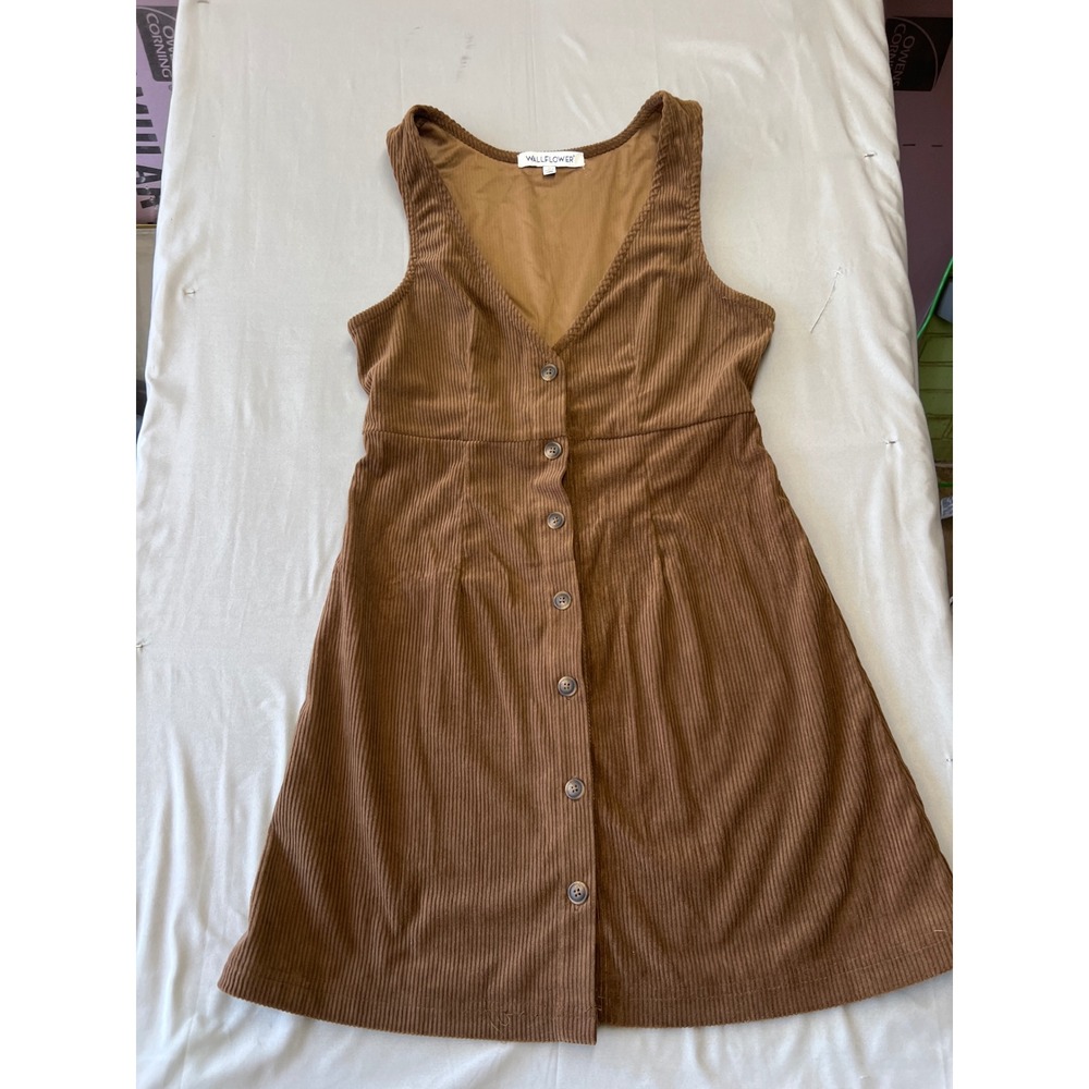 Wallflower Brown Corduroy Jumper Dress Womens Medium Button Front V-Neck Mini
